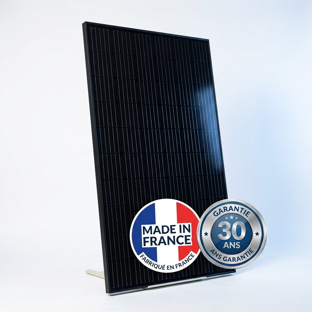 Panneau solaire Made in France avec badge tricolore et garantie 25 ans