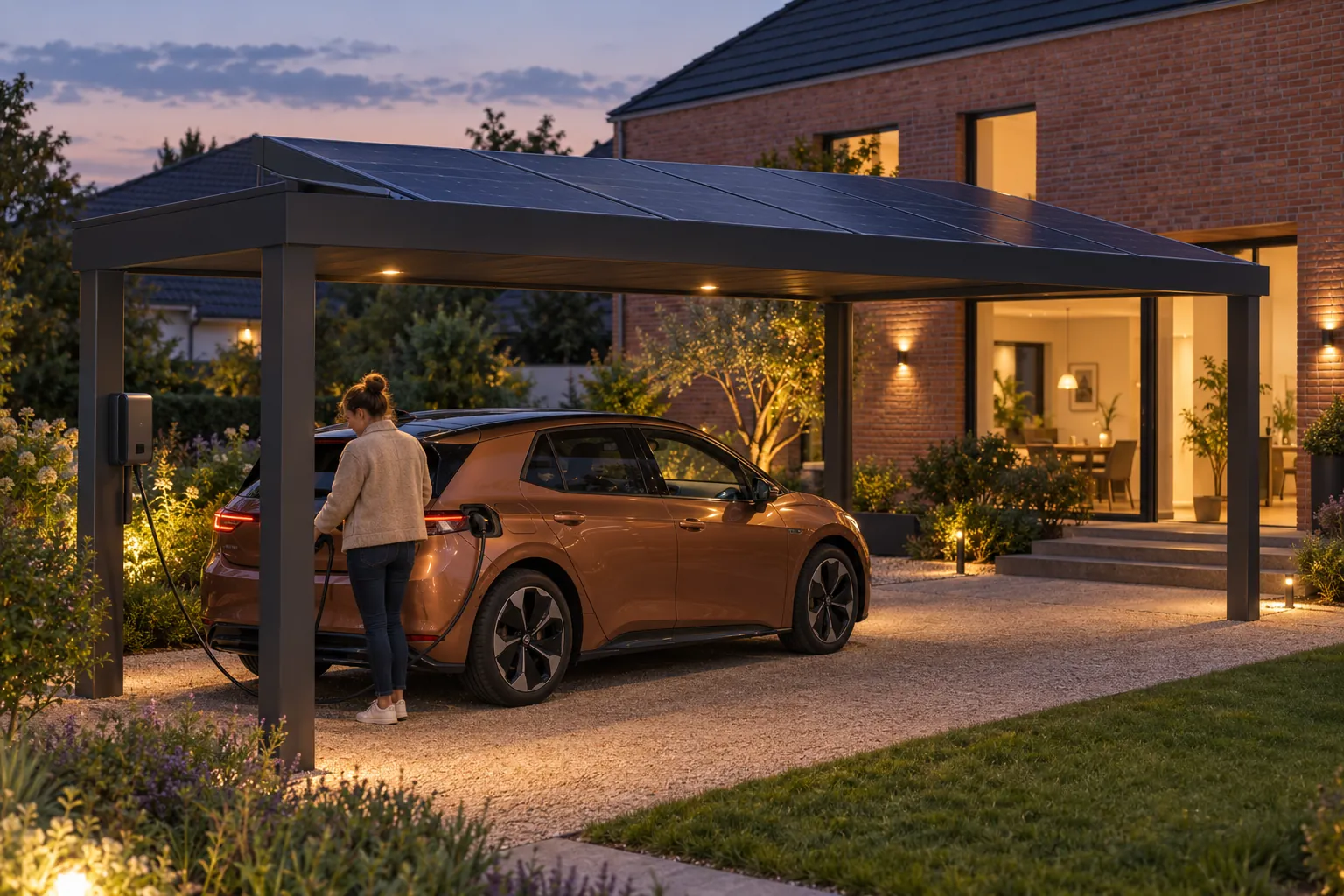 Recharge d'une voiture électrique sous un carport solaire, le soir