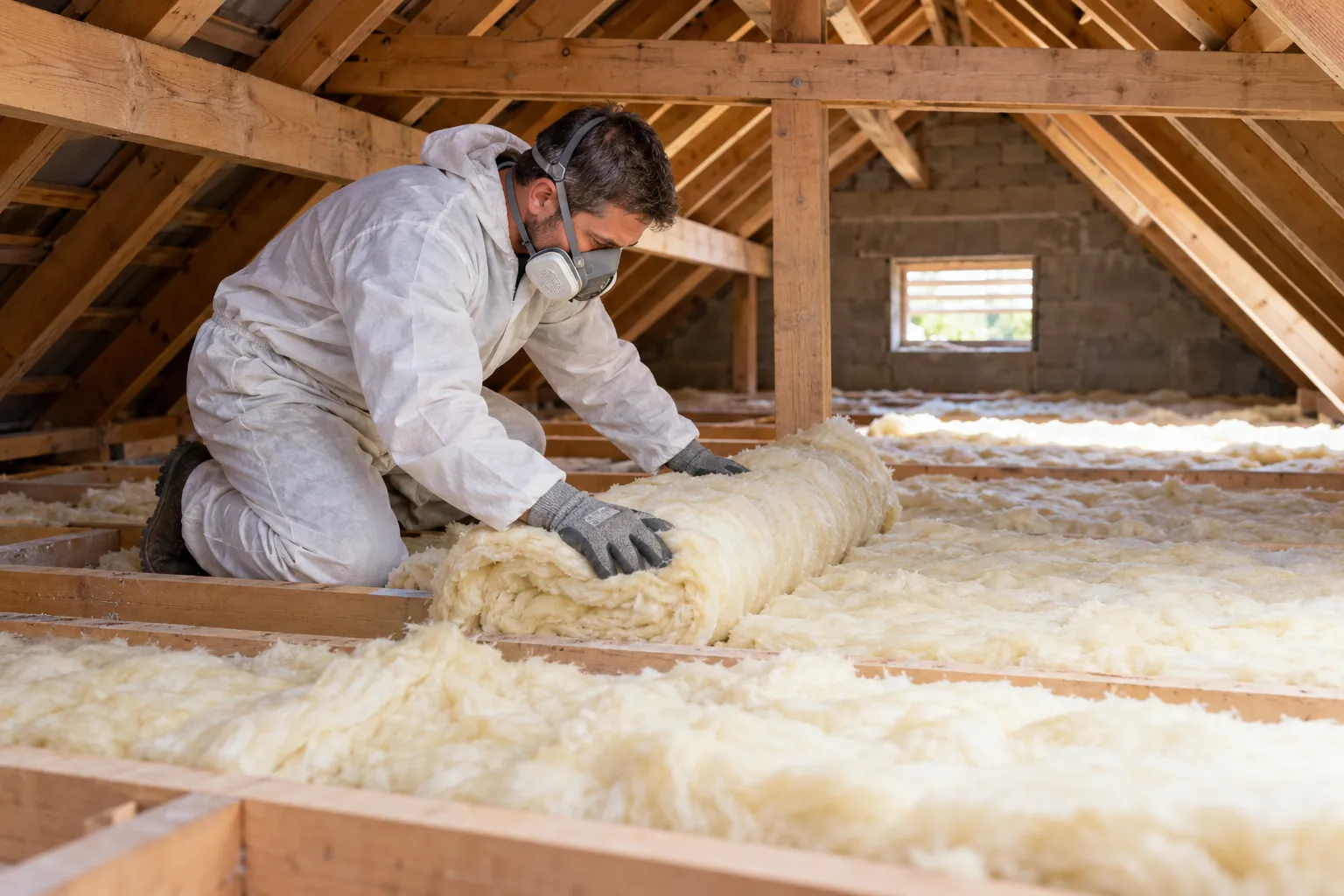 Professionnel déroulant de la laine minérale entre les éléments du plancher