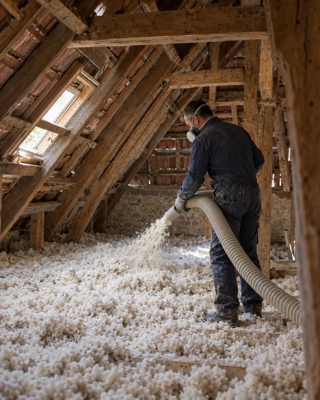 Soufflage d’isolant sur le plancher des combles par un professionnel