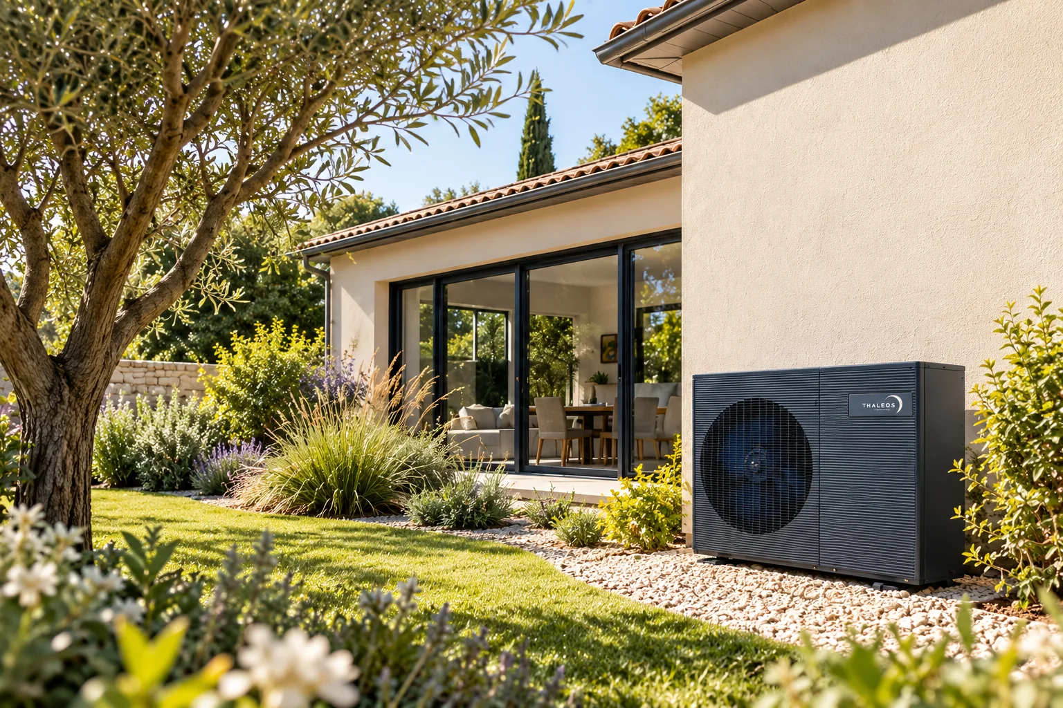 Pompe à chaleur Thaleos installée dans un jardin
